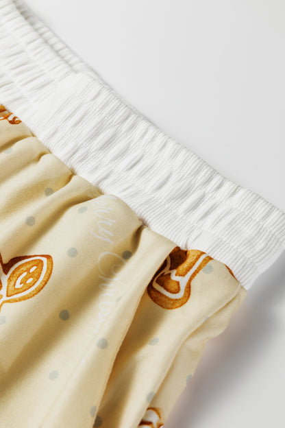 Beige Gingerbread Man Christmas Print Long Sleeve Pullover Lounge Short Set