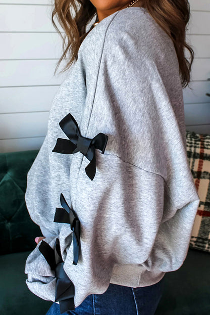 Light Grey Sequin Santa Claus Patched Ribbon Bow Detail Split Sleeve Baggy Sweatshirt