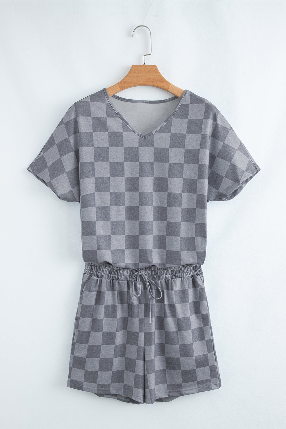 Beige Checkered V Neck Tee Drawstring Shorts Lounge Set