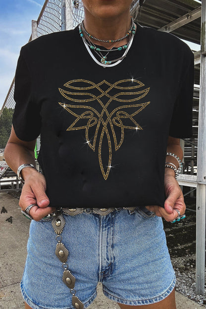 Black Rhinestone Western Pattern Cotton Blend Graphic T Shirt