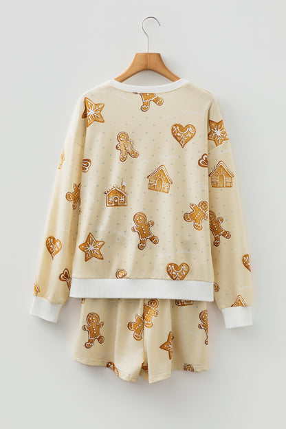 Beige Gingerbread Man Christmas Print Long Sleeve Pullover Lounge Short Set