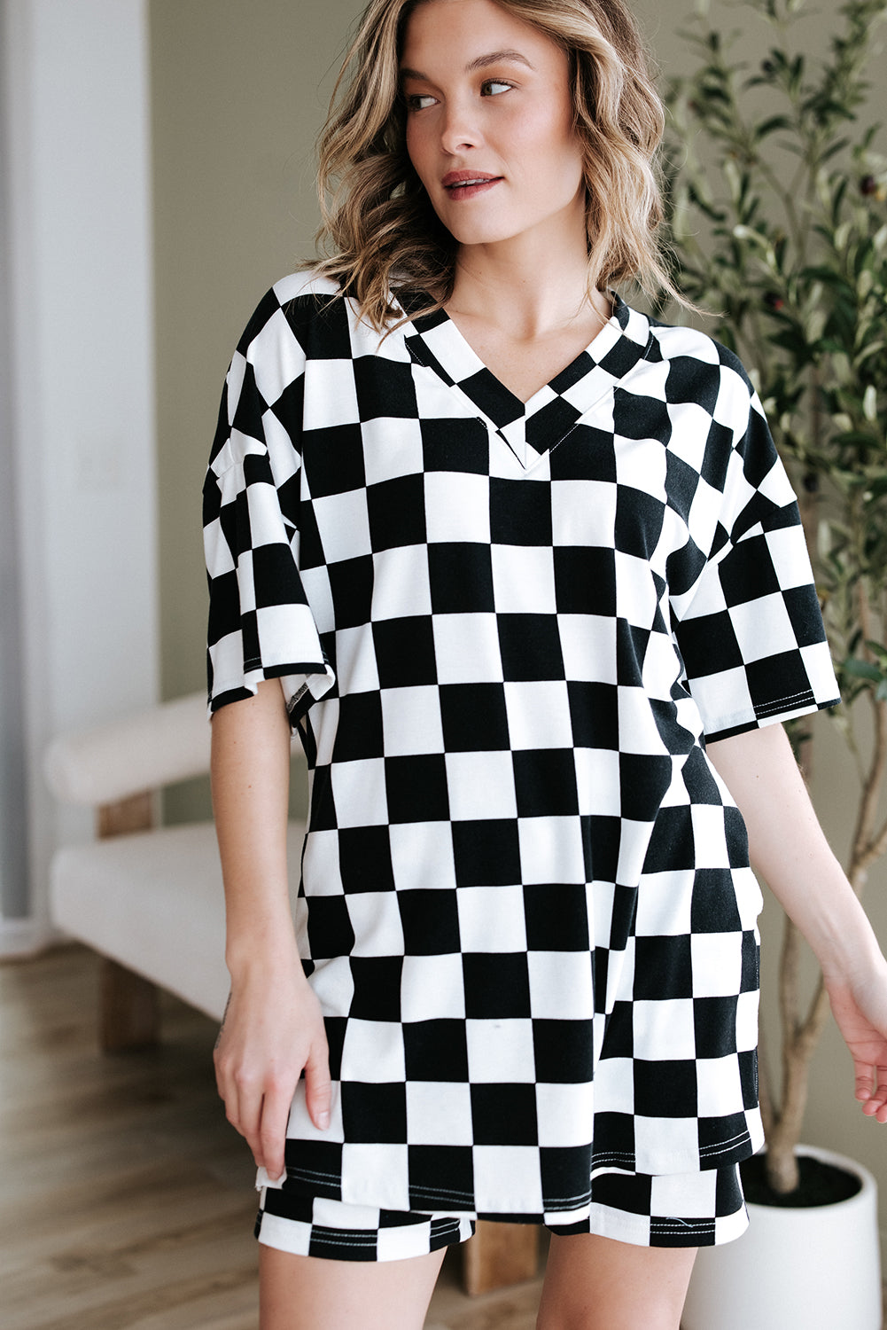 Orange Checkerboard Print V Neck Loose Tee and Shorts Lounge Set