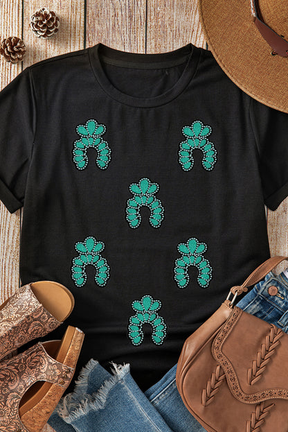 Black Western Turquoise Pattern Sequin Patched T Shirt