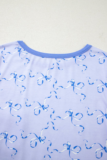 Sky Blue Bow Printed Ruffled Short Lounge Set