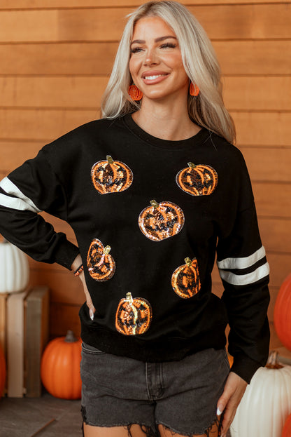 Black Halloween Pumpkin Face Sequin Patched Oversize Varsity Sweatshirt