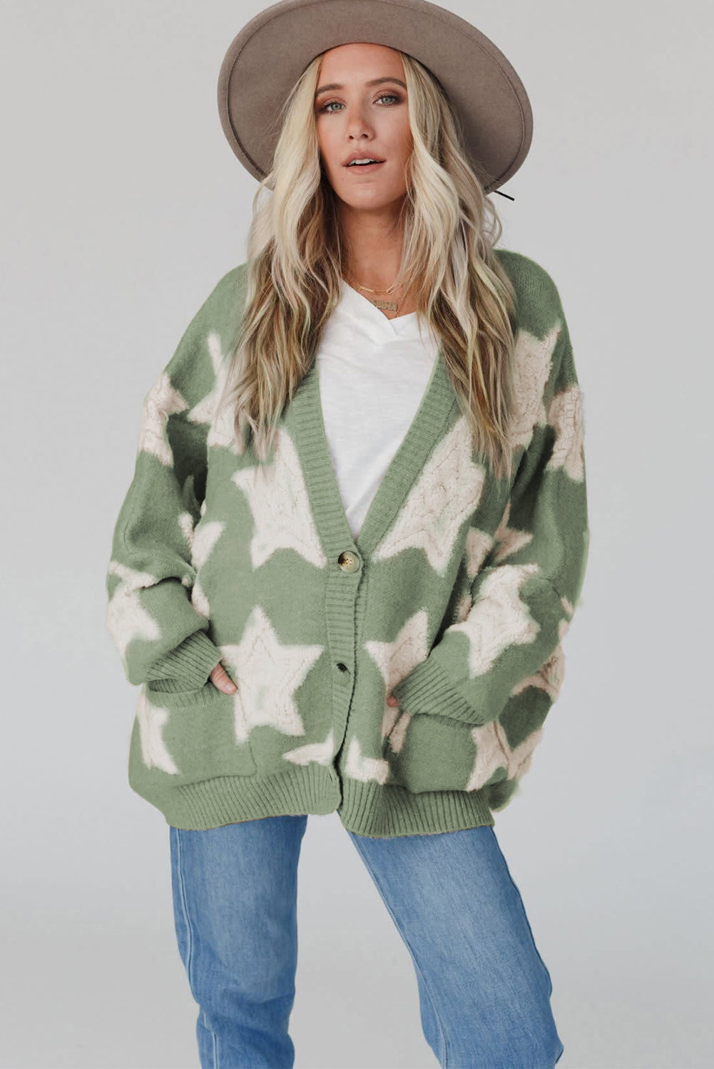 Khaki Sherpa Star Pattern Textured Sweater Cardigan with Pockets