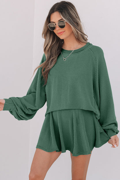 Jet Stream Corded Lantern Sleeve Top High Waist Ruffled Mini Skirt Set