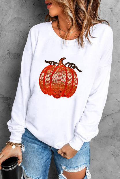 White Sequin Pumpkin Patched Casual Pullover Graphic Sweatshirt