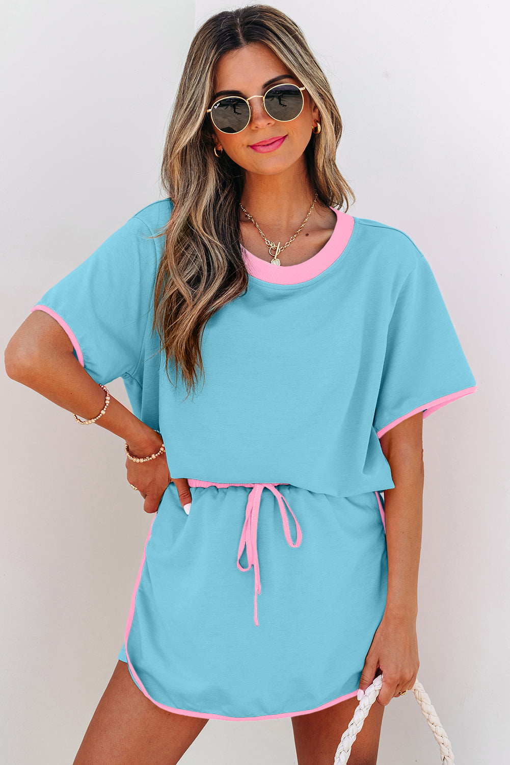 Bonbon Colorblock Edge Drop Shoulder T Shirt and Skort 2Pcs Set