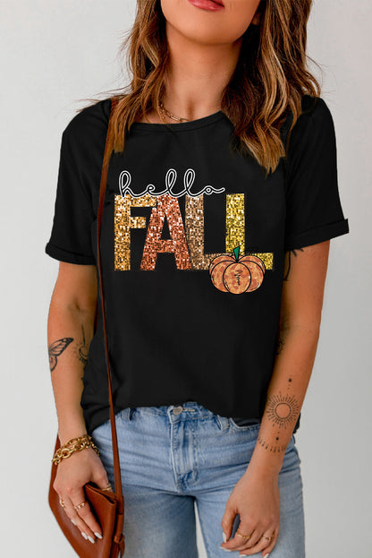 Black Hello Fall Letter Pumpkin Printed Thanksgiving T Shirt