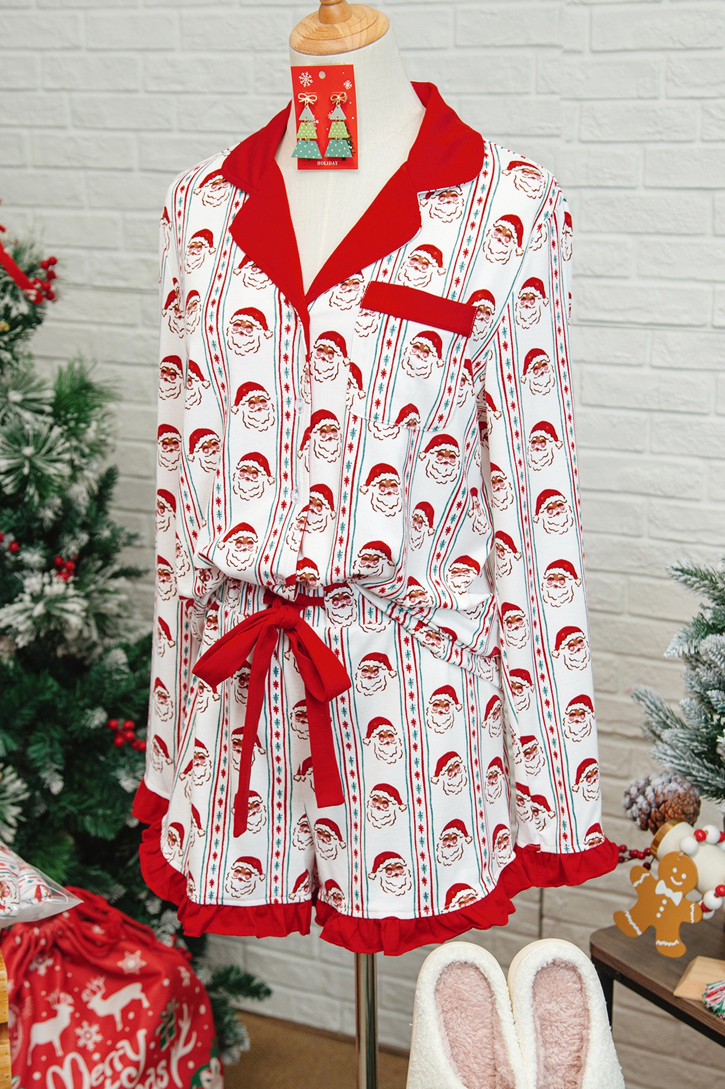 White Santa & Stripes Ruffle PJ Set