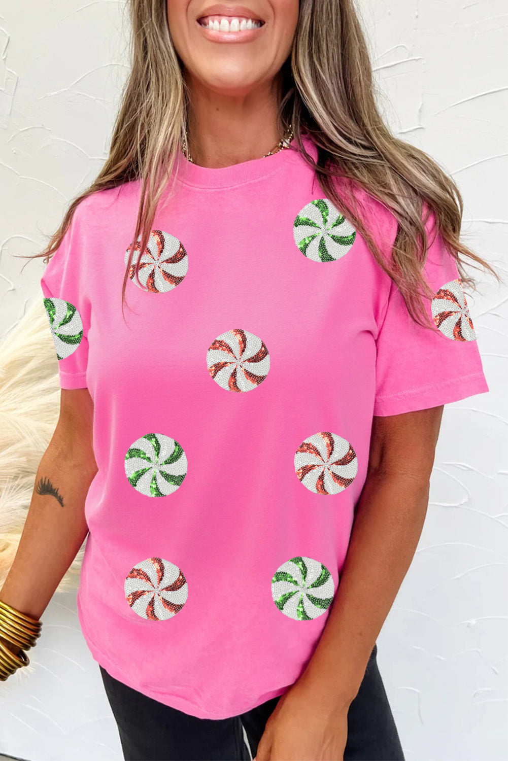 Sachet Pink Sequined Peppermint Pattern Christmas Custom T Shirt