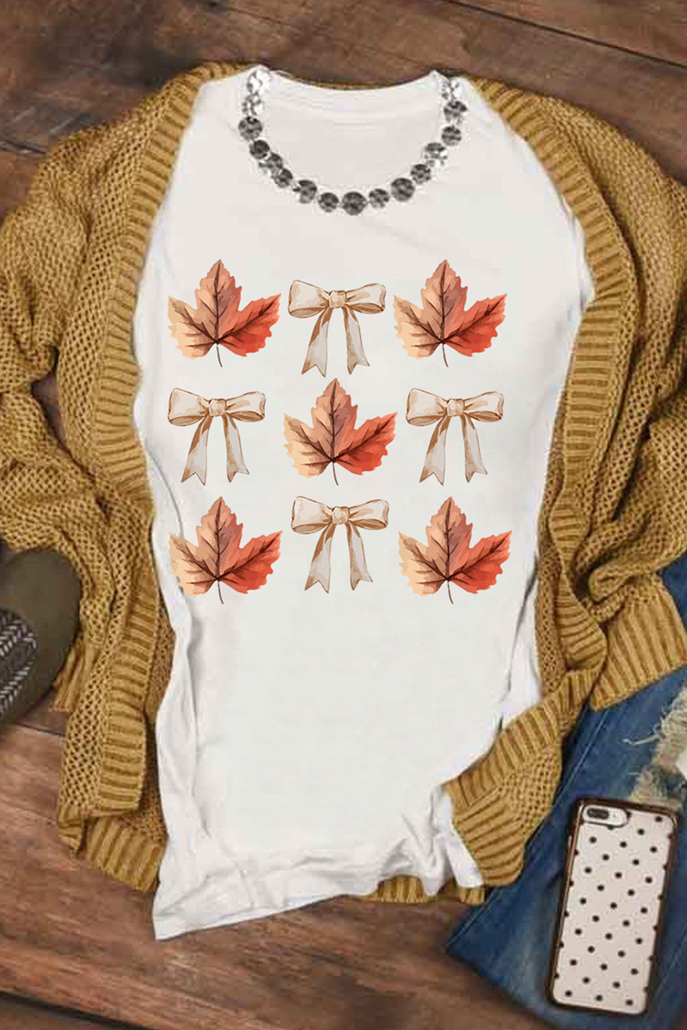 White Fall Leaf Bow Print Thanksgiving T Shirt