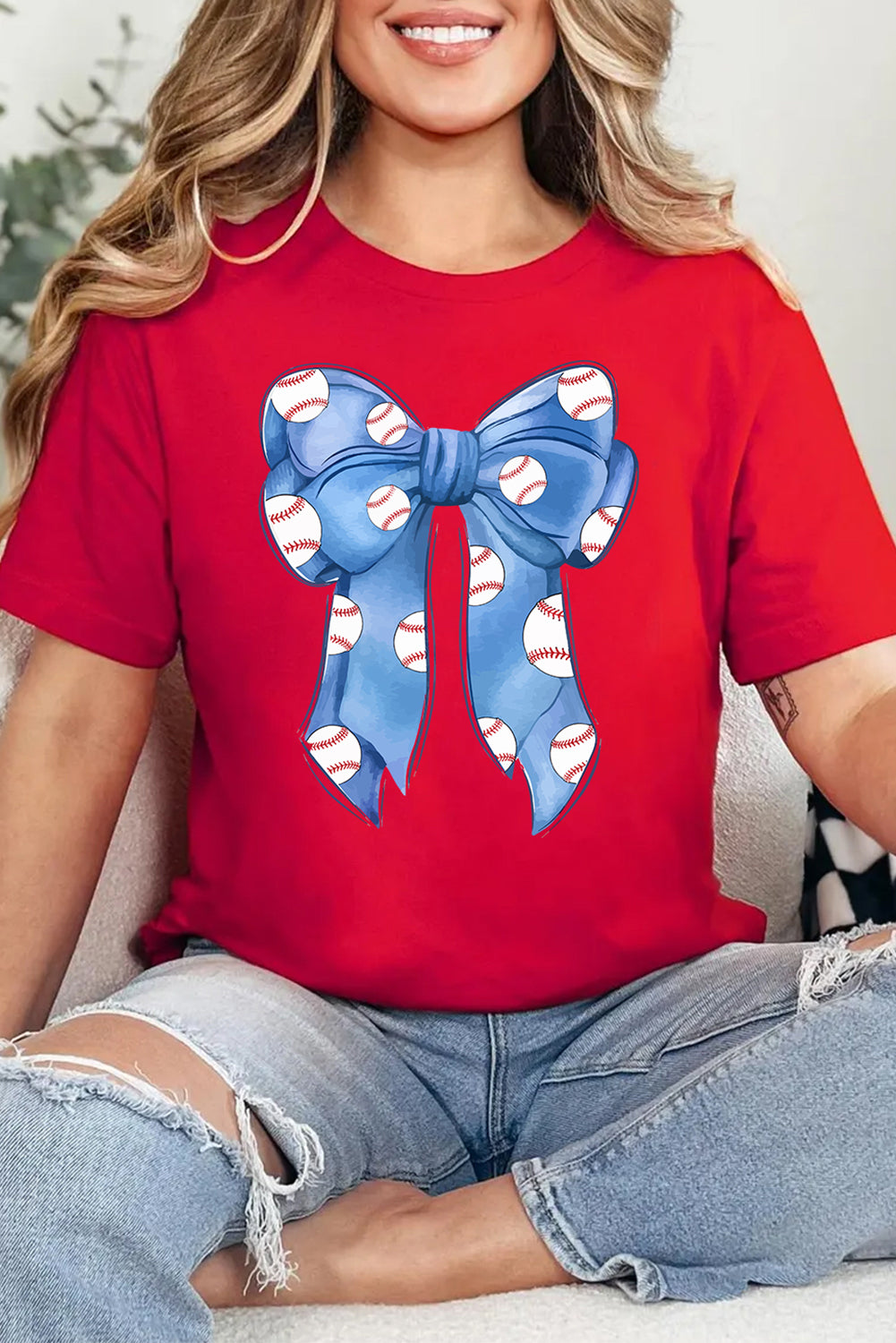 Red Rugby Bowknot Graphic Crew Neck Tee