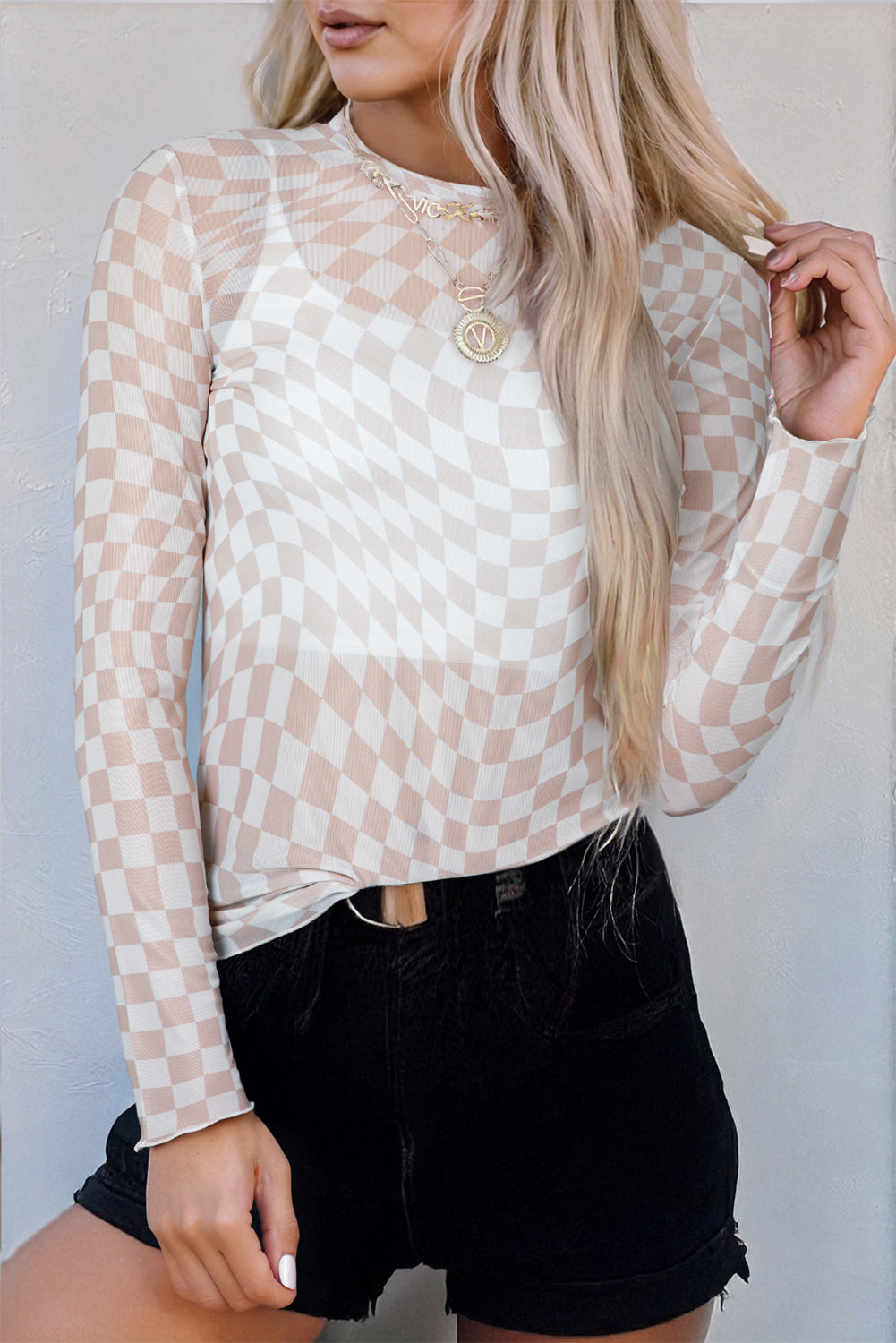 Rose Checkered Pattern Mesh Mock Neck Long Sleeve Top