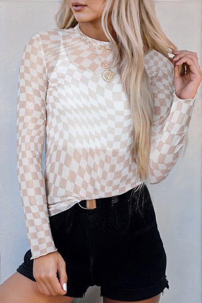 Rose Checkered Pattern Mesh Mock Neck Long Sleeve Top