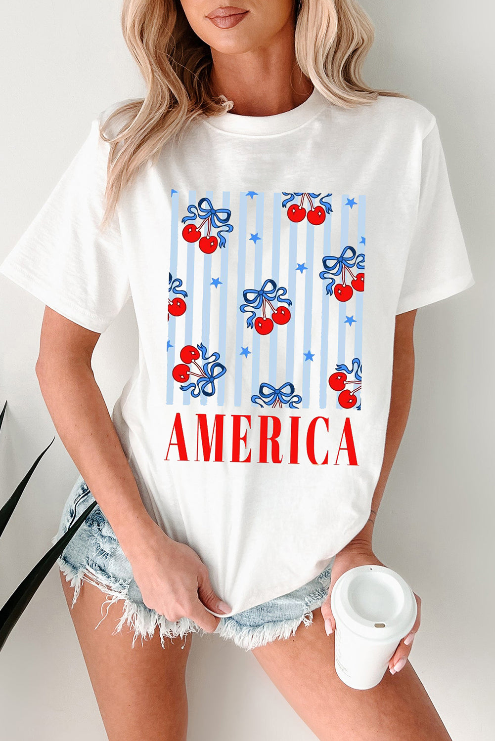 White Bow Cherry AMERICA Graphic Crewneck Patriotic T Shirt