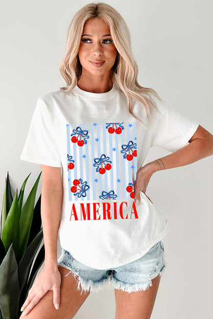 White Bow Cherry AMERICA Graphic Crewneck Patriotic T Shirt