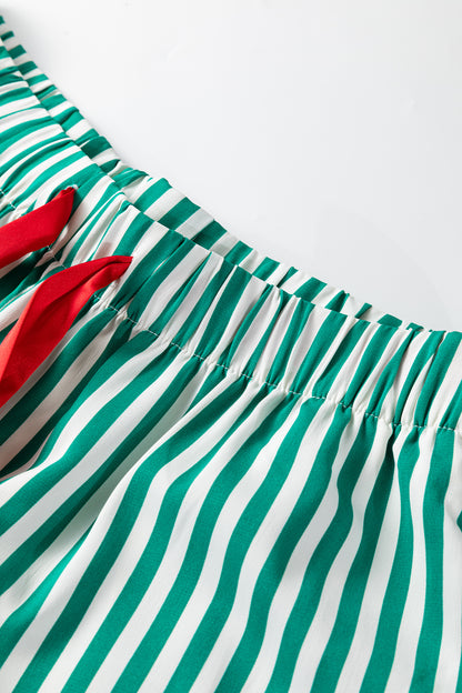 Red Stripe Contrast Velvet Trim Bow Knot Waist 2pcs Pajama Set