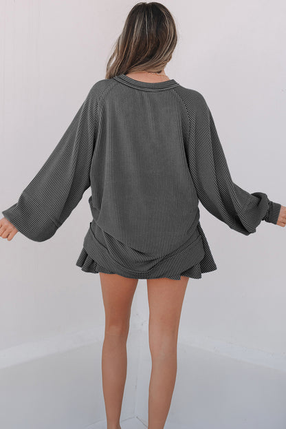 Jet Stream Corded Lantern Sleeve Top High Waist Ruffled Mini Skirt Set