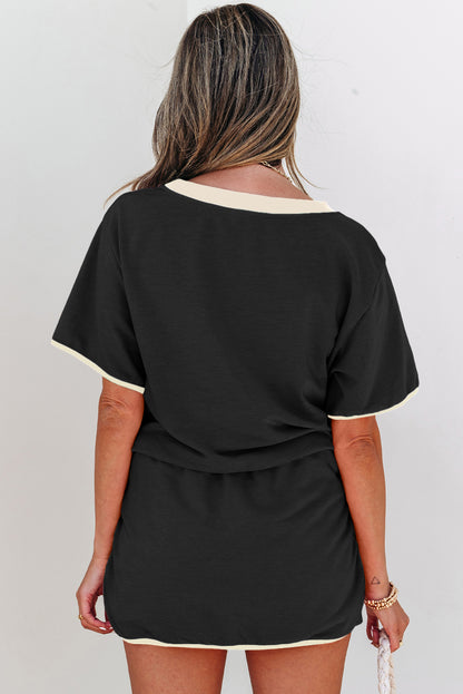 Bonbon Colorblock Edge Drop Shoulder T Shirt and Skort 2Pcs Set