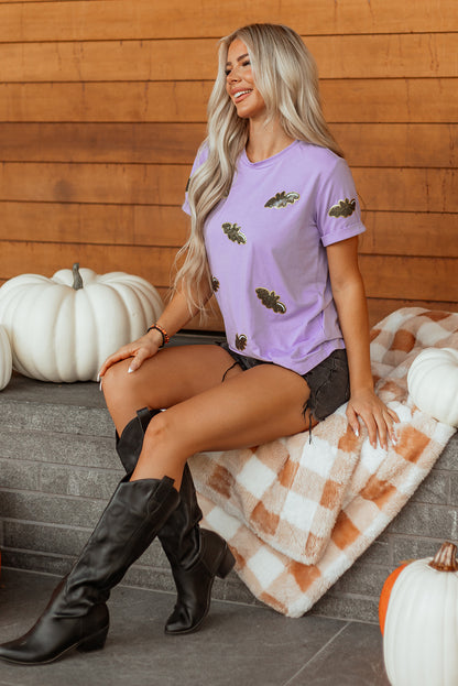 Wisteria Sequin Halloween Bat Patched Casual T Shirt
