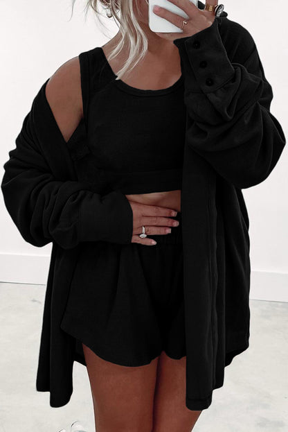 Gray 3 Pcs Crop Tank Top Shorts with Cardigan Lounge Set
