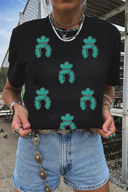 Black Western Turquoise Pattern Sequin Patched T Shirt