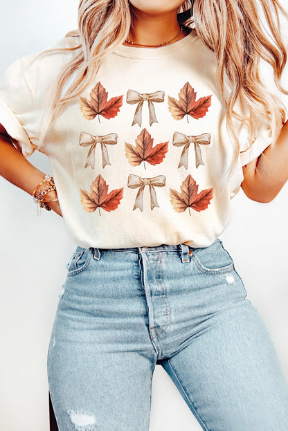White Fall Leaf Bow Print Thanksgiving T Shirt