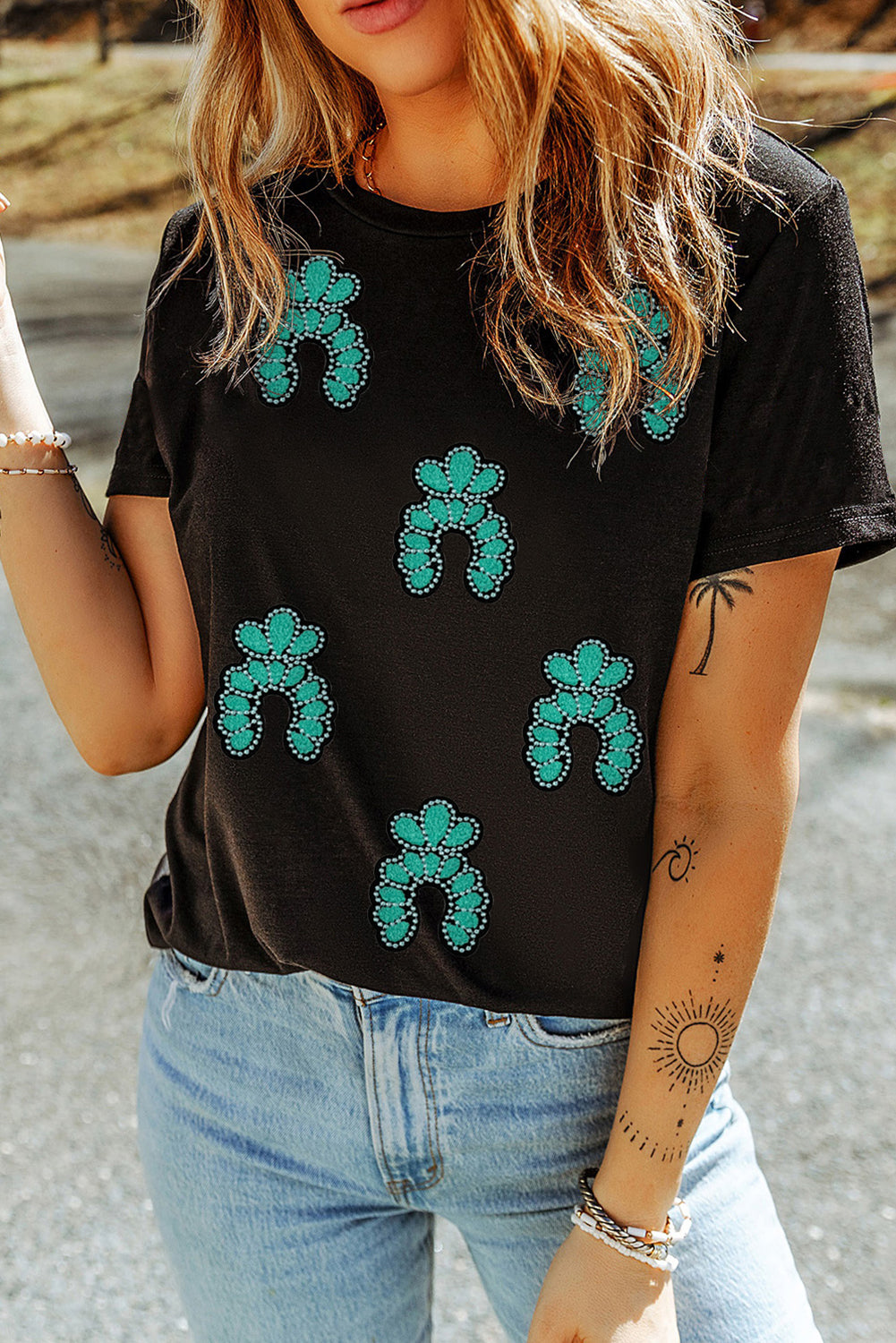 Black Western Turquoise Pattern Sequin Patched T Shirt