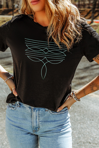 Black Western Fashion Geometric Embroidered T Shirt