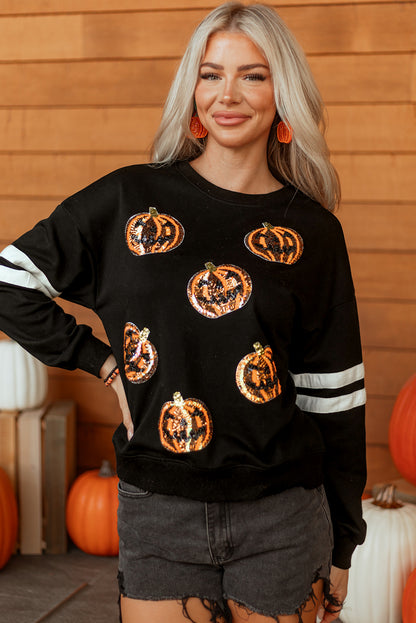 Black Halloween Pumpkin Face Sequin Patched Oversize Varsity Sweatshirt