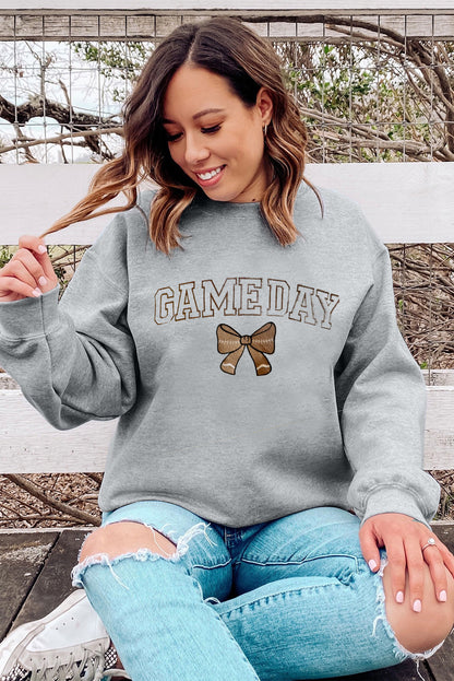 Gray GAME DAY Rugby Bow Embroidered Casual Sweatshirt