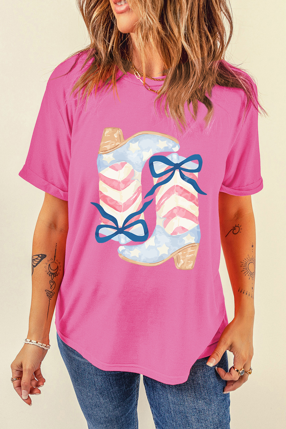 Sachet Pink Flag Pattern Boots Bow Accent Casual Graphic Tee