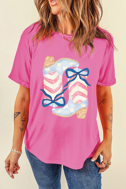 Sachet Pink Flag Pattern Boots Bow Accent Casual Graphic Tee