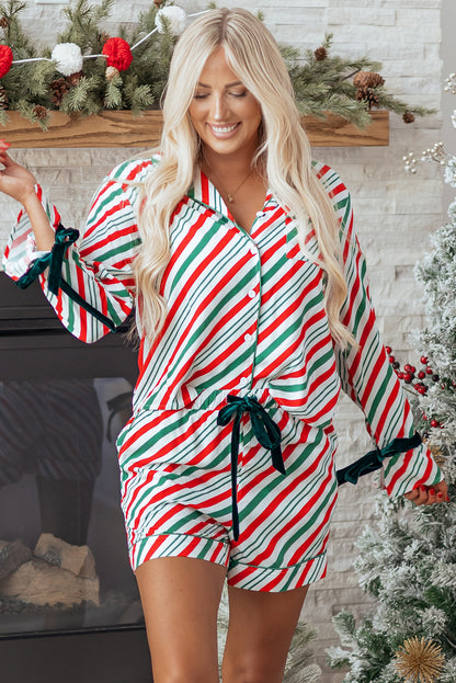 Green Stripe Contrast Velvet Ribbon Knot Christmas 2pcs Pajama Set