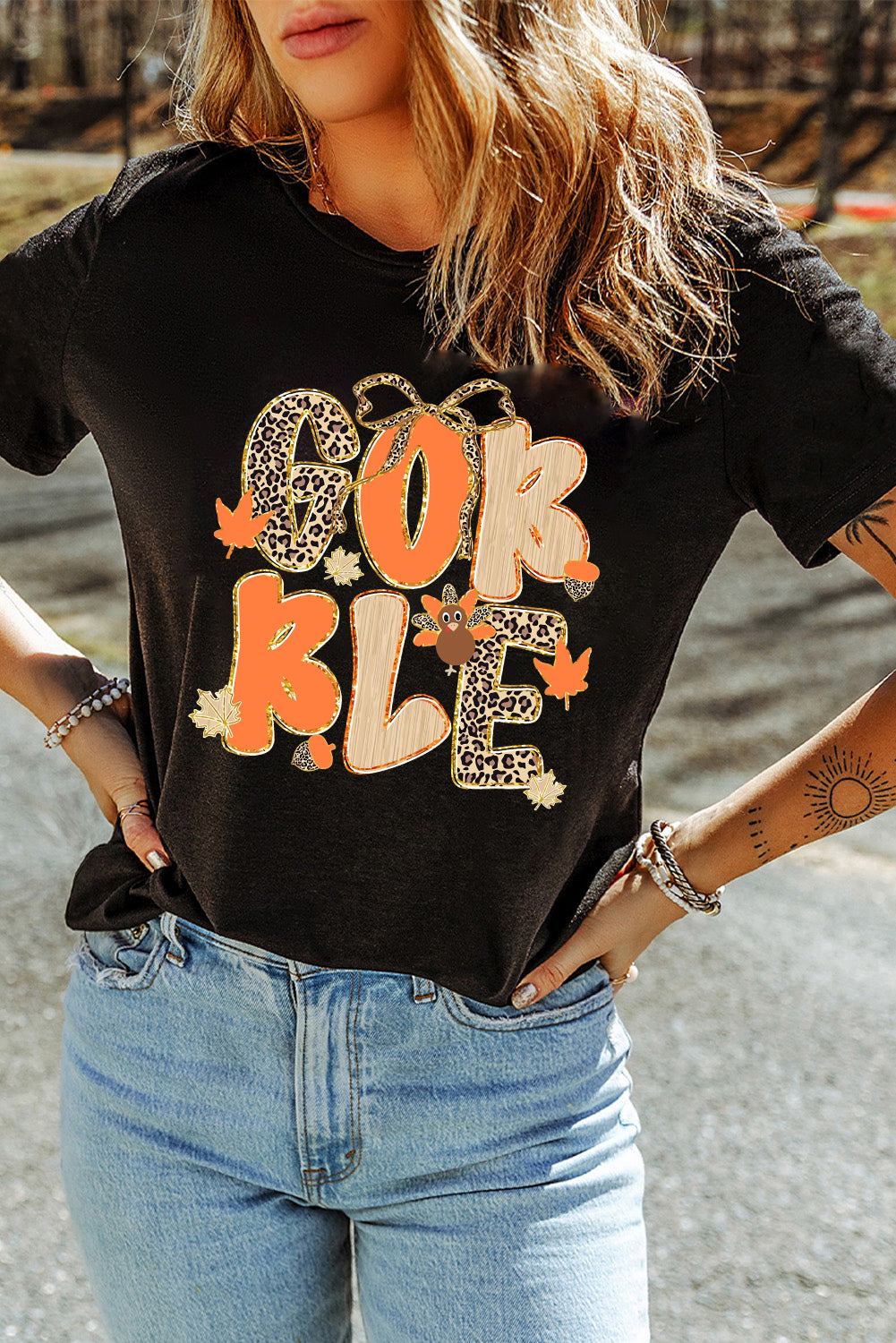 Black GOBBLE Leopard Letter Print Turkey Bow Graphic T Shirt