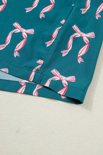 Green Ribbon Bow Print Silky Long Sleeve Shirt and Shorts 2pcs Pajama Set