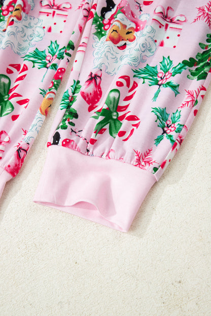 White Christmas Pattern Button V Neck Pullover Drawstring Pants 2pcs Lounge Set