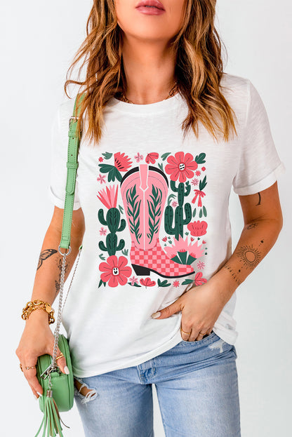 White Western Boots Flower Print Round Neck T Shirt