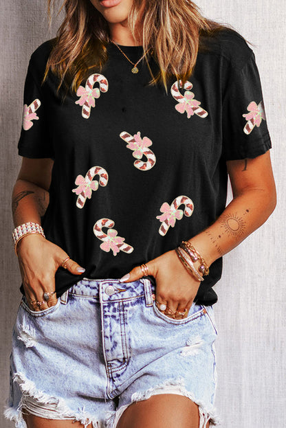 Black Sequined Candy Cane Patched Pattern Holiday T Shirt