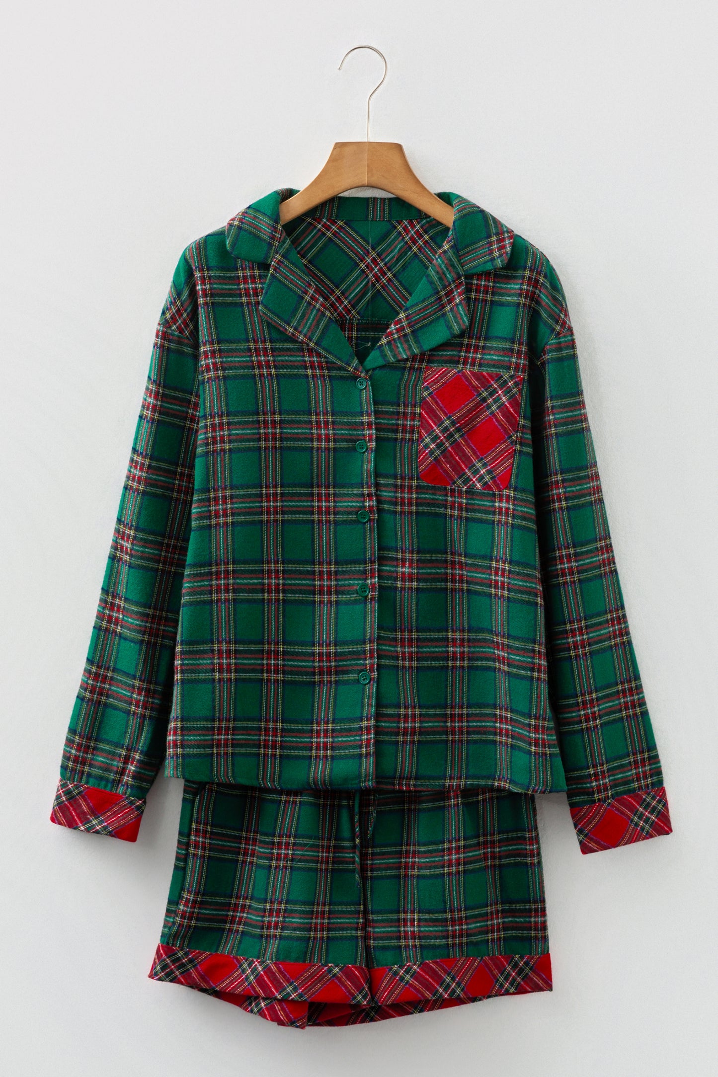 Dearlovers Red Plaid Contrast Patched Christmas Holiday Long Sleeve Shirt and Short 2pcs Pajama Set