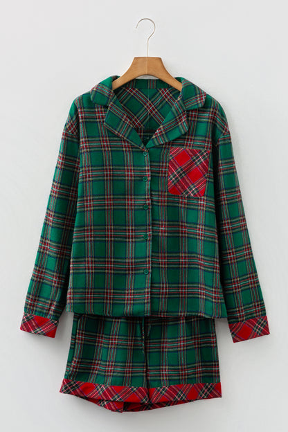 Dearlovers Red Plaid Contrast Patched Christmas Holiday Long Sleeve Shirt and Short 2pcs Pajama Set
