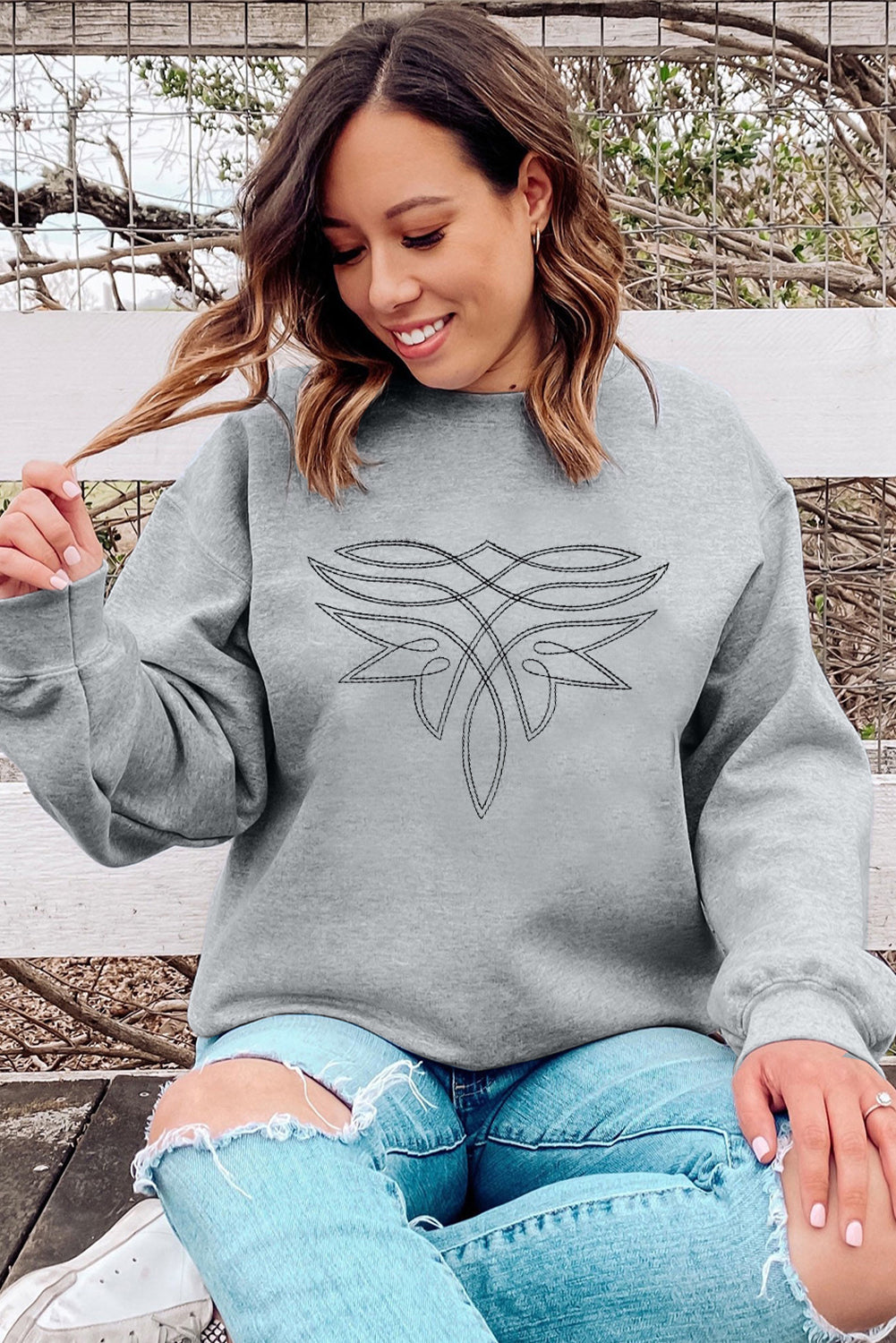 Gray Western Pattern Embroidered Drop Shoulder Pullover Top