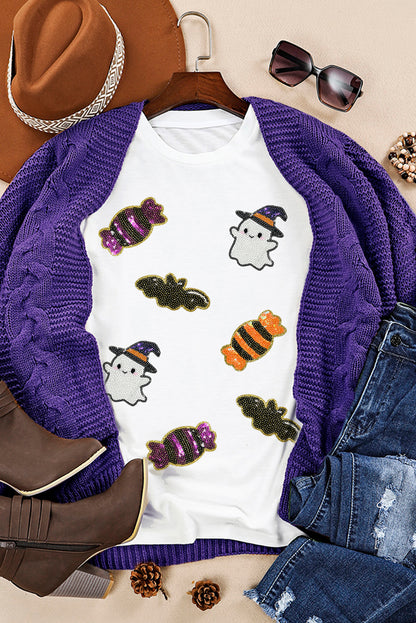 White Sequined Halloween Spirit Pattern Patched Custom Casual Tee