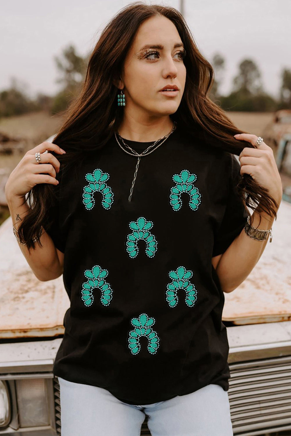 Black Western Turquoise Pattern Sequin Patched T Shirt