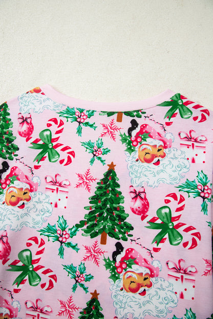 White Christmas Pattern Button V Neck Pullover Drawstring Pants 2pcs Lounge Set