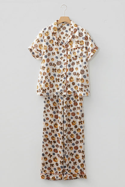 Beige Leopard Pumpkin Allover Halloween 2pcs Pajama Set