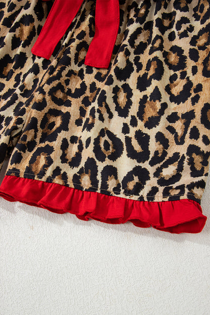 Racing Red Retro Plaid Leopard Print Patchwork Long Sleeve Shorts Pajama Set