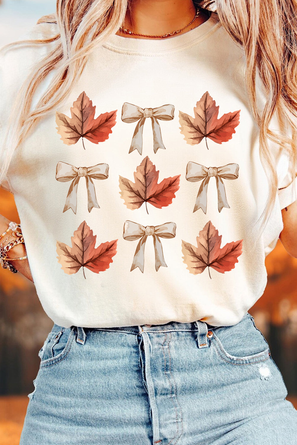 White Fall Leaf Bow Print Thanksgiving T Shirt